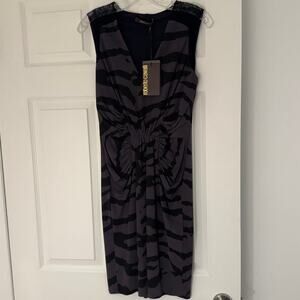 NWT Roberto Cavalli Zebra Print Ruched Dress Lace Shoulder Bodycon  IT 42 US 6